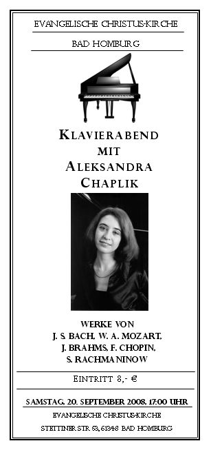 Klavierabend mit Aleksandra Chaplik in der Evangelische Christus-Kirche, Bad Homburg